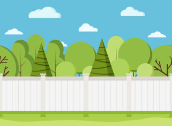 White Wooden Fence With Trees. Modern Rural White Fence With Green Grass.